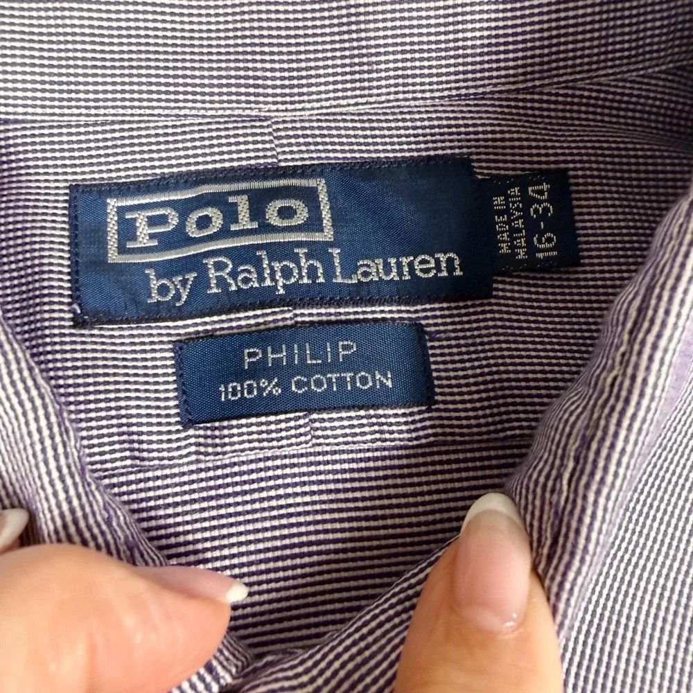 Polo Ralph Lauren Philip Dress Shirt 16 34 Purple White Micro Stripe French Cuff